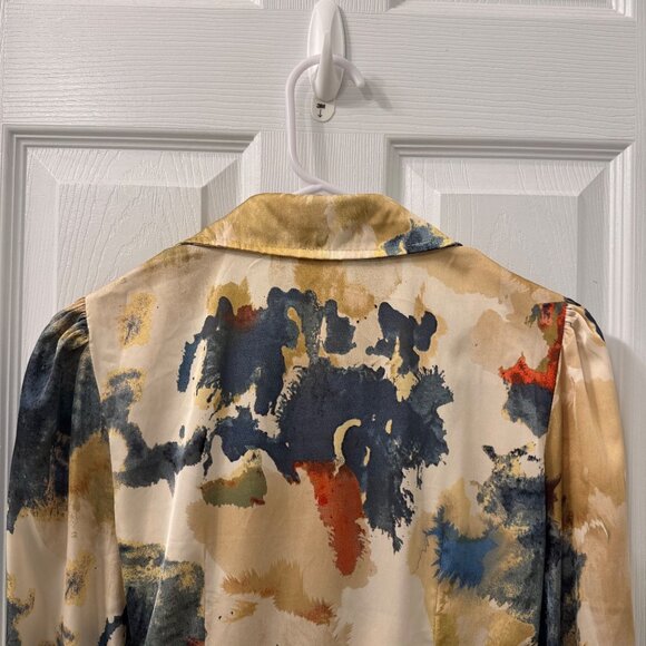 Luxxel Long Sleeve Satin Colorful Wrap Mini Dress Size S Abstract Fall Wedding - Picture 4 of 10